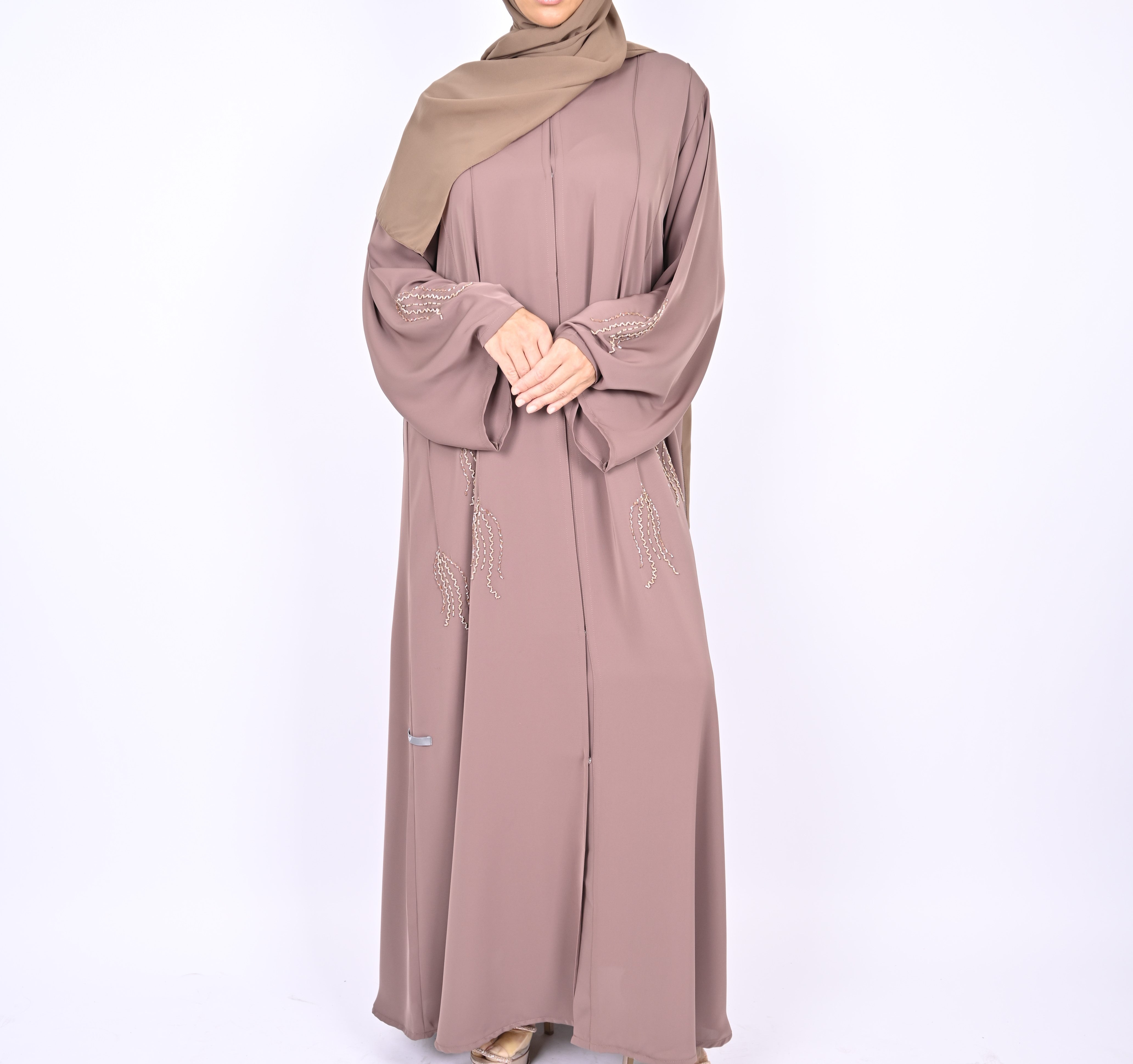 Nude Pink Pintucks Floral Hand Embellished Abaya