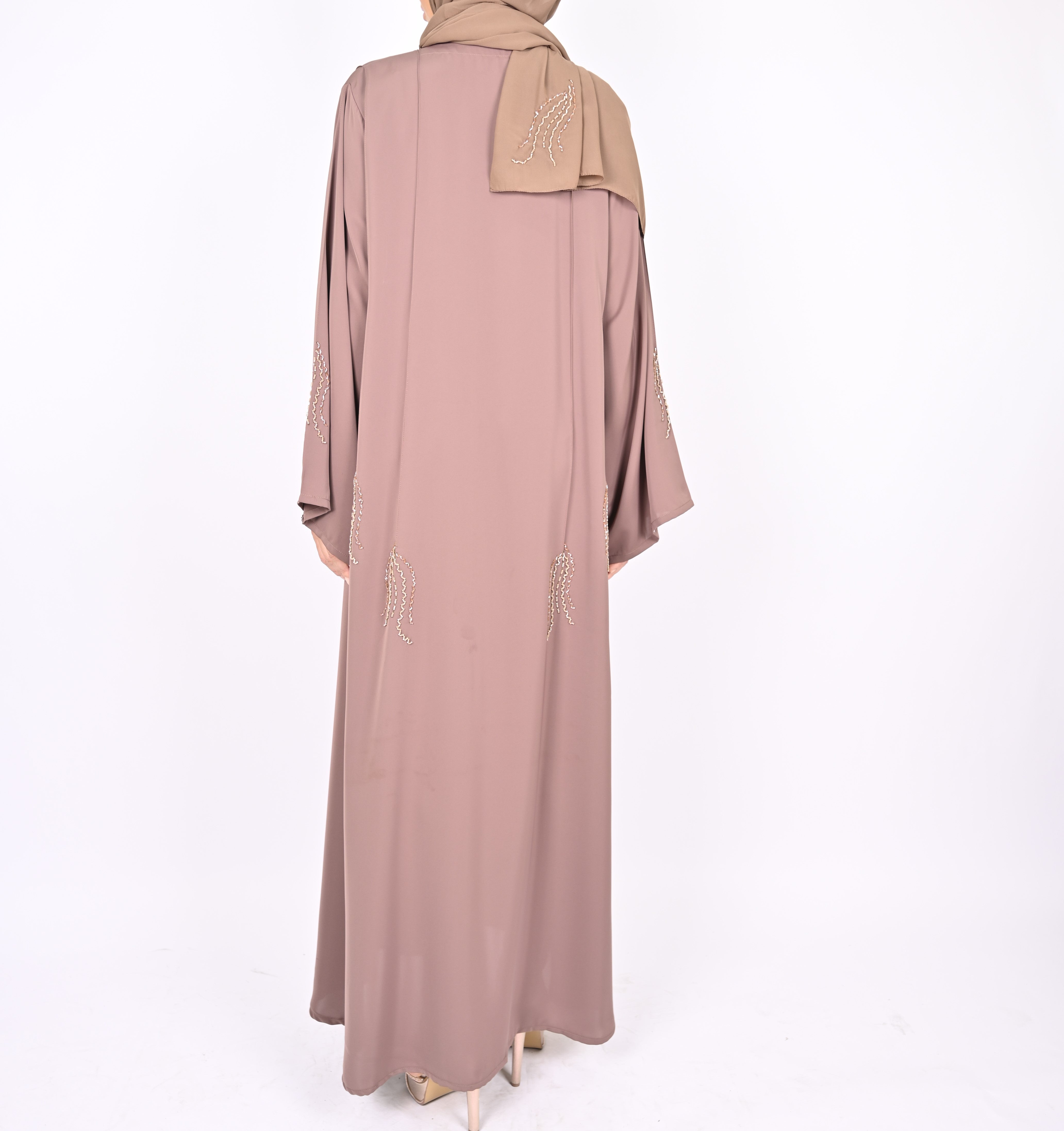 Nude Pink Pintucks Floral Hand Embellished Abaya