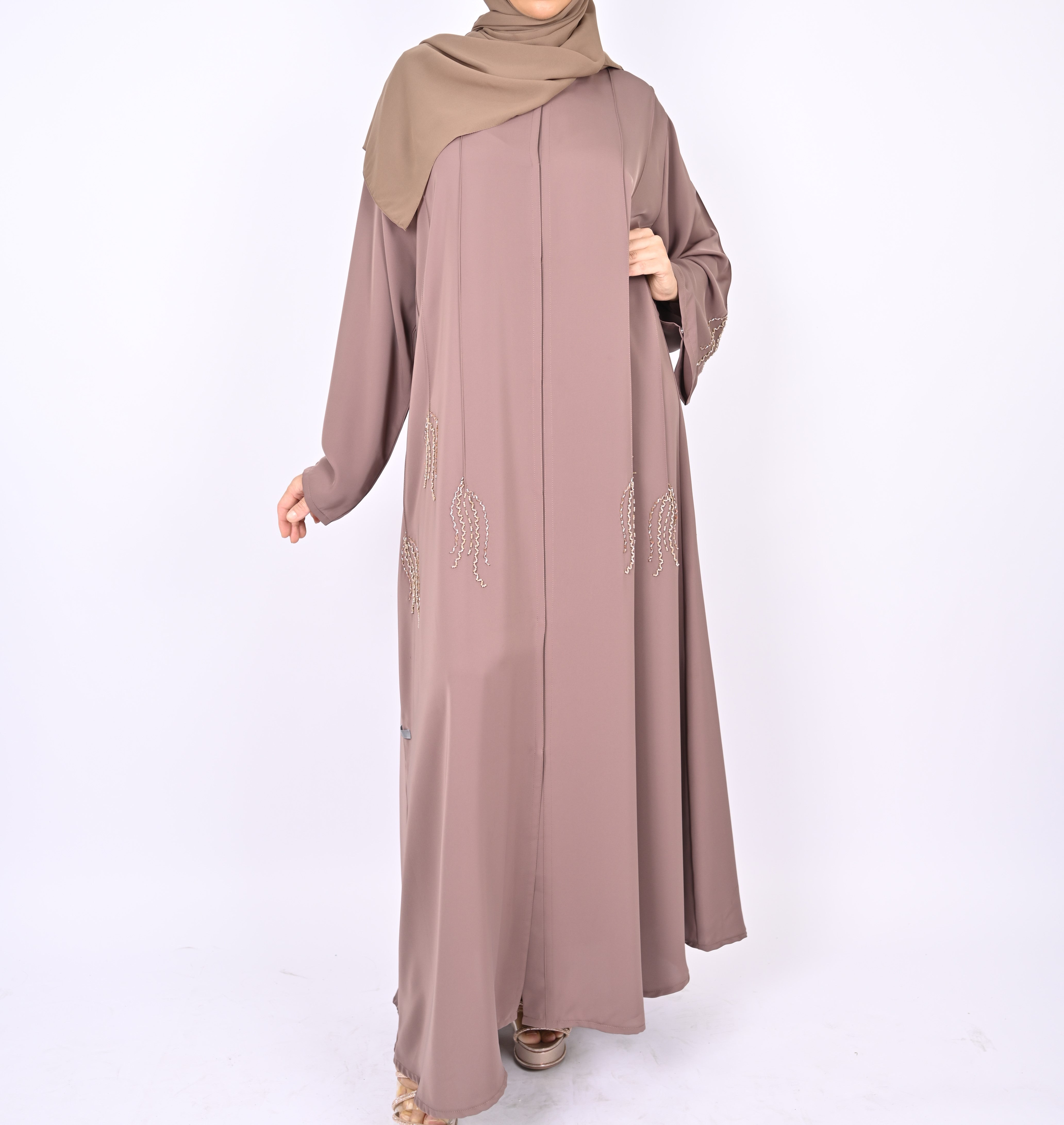 Nude Pink Pintucks Floral Hand Embellished Abaya