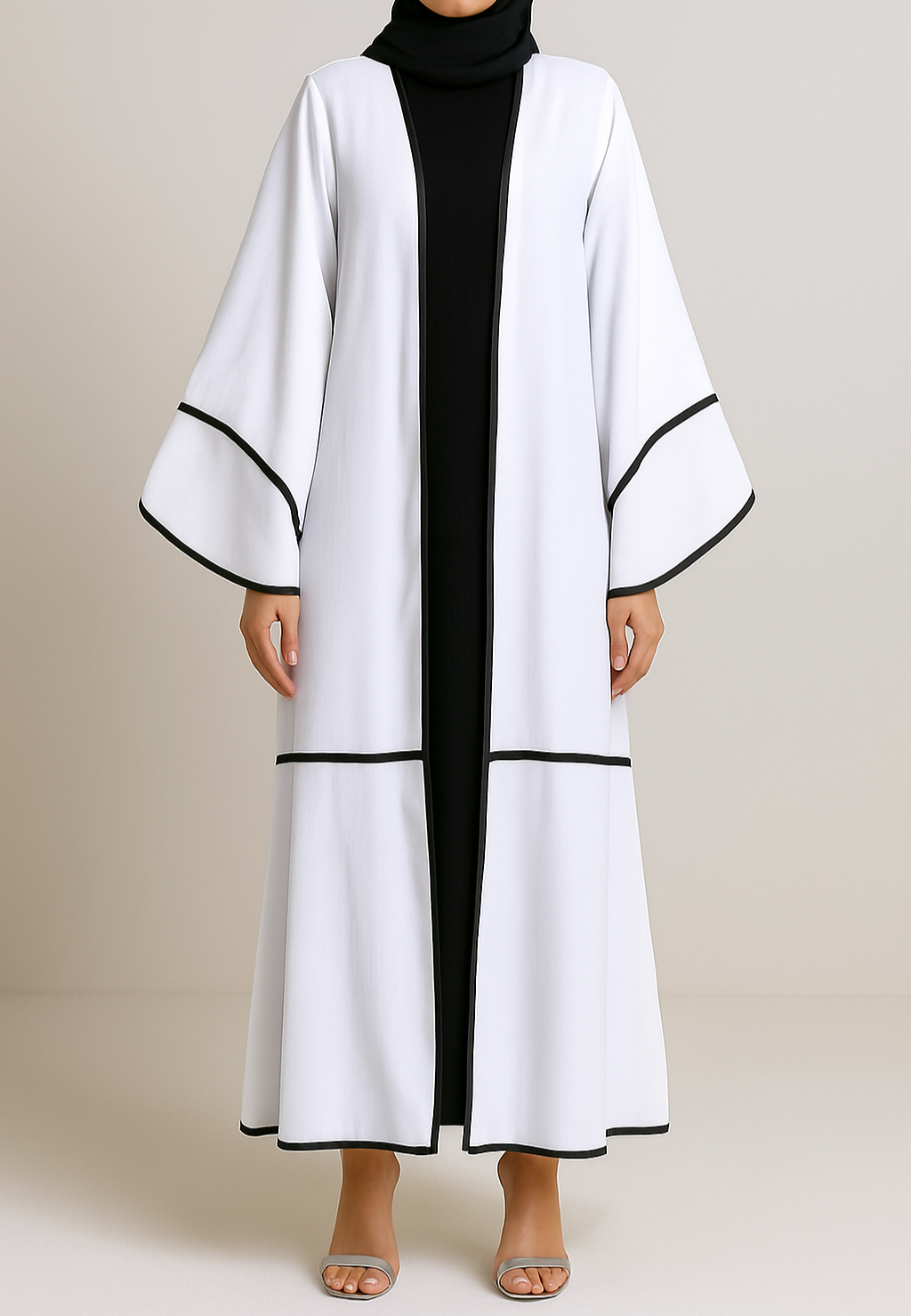 White Tulip Sleeves French Contrast Seam Abaya