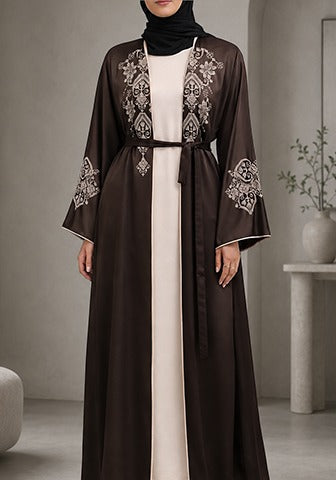 Brown Rimsha Floral Embroidered Abaya