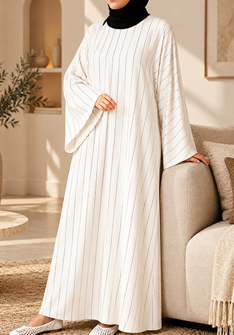 White Batwing Cut Linen Pinstripe Abaya: Effortless Style for Everyday Wear