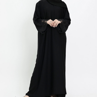 Black Heyam Nida Abaya with Embellished Lace Sleeves