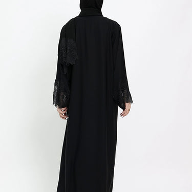 Black Heyam Nida Abaya with Embellished Lace Sleeves