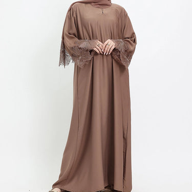 Mocha Heyam Nida Abaya with Embellished Lace Sleeves