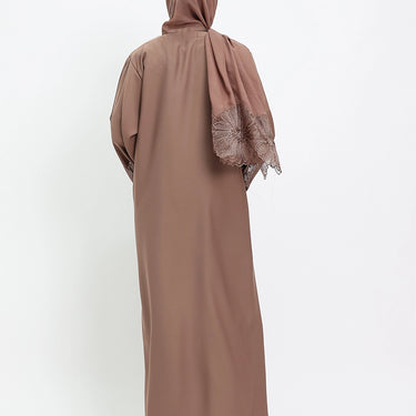 Mocha Heyam Nida Abaya with Embellished Lace Sleeves
