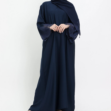 Navy Heyam Nida Abaya with Embellished Lace Sleeves