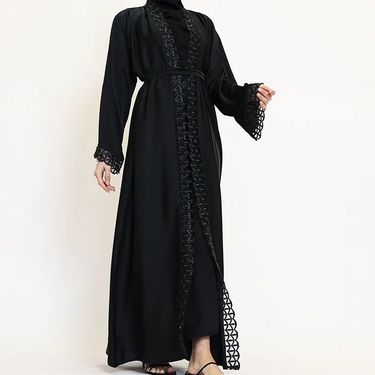 Black Huda Applique Two-Piece Open Abaya