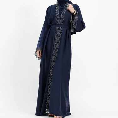 Navy Huda Applique Two-Piece Open Abaya