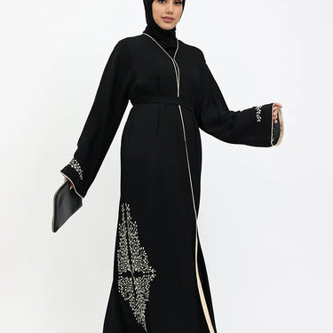 Amina Black & Beige Contrast Embroidered Open Abaya
