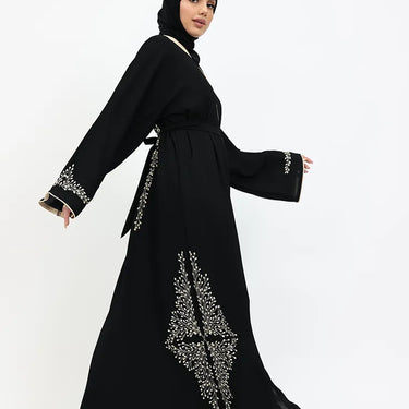 Amina Black & Beige Contrast Embroidered Open Abaya
