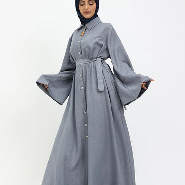 Denim blue Linen Feel Collar Shirt Dress