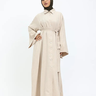 Beige Linen Feel Collar Shirt Dress
