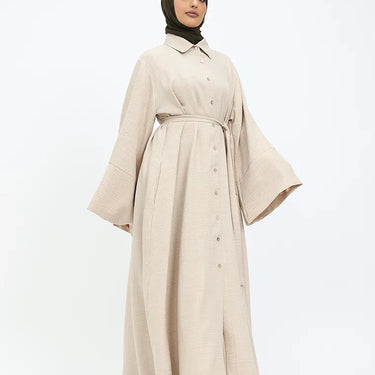 Beige Linen Feel Collar Shirt Dress