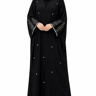 Black Embellished Pearl Sleeve Satin Abaya