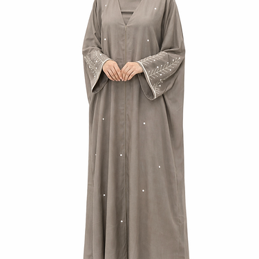 Taupe Embellished Pearl Sleeve Satin Abaya