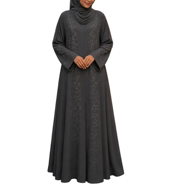 Grey Satin Feel Embellished Abaya with Inner Slip