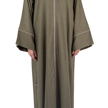 Pure Soft Premium Linen Abaya with Contrast Piping - Khaki