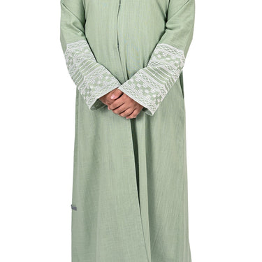 Girls Embroidered Sleeve Linen Abaya - Pastel Green