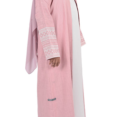 Girls Embroidered Sleeve Linen Abaya - Pastel Pink