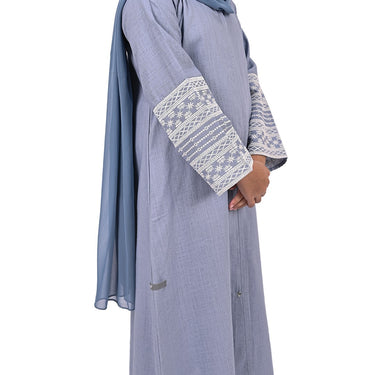 Girls Embroidered Sleeve Linen Abaya - Pastel Blue