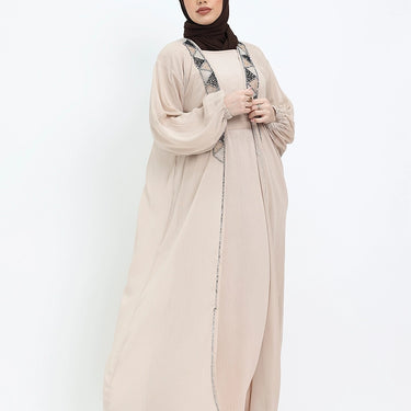 Beige Aztec Organza Embellished Abaya Set