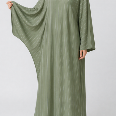 Green Batwing Cut Linen Pinstripe Abaya