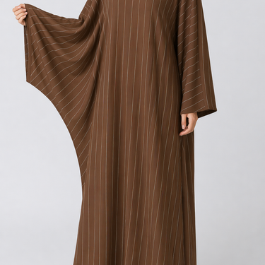 Brown Batwing Cut Linen Pinstripe Abaya