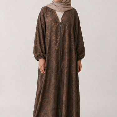 Brown Jacquard Print Full Zip Abaya