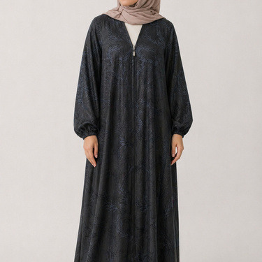 Navy Jacquard Print Full Zip Abaya