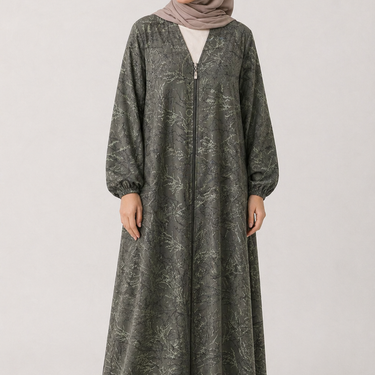 Green Jacquard Print Full Zip Abaya