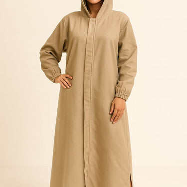 Beige Woollen Hoodie Zip Abaya