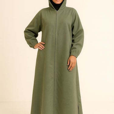 Green Woollen Hoodie Zip Abaya