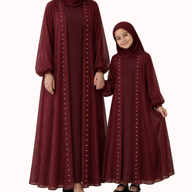 Maroon/Red Organza Pearl Abaya