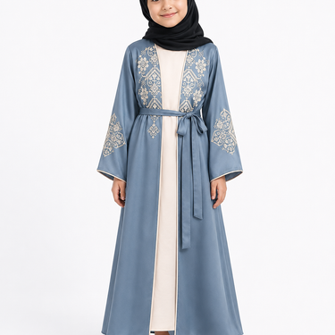 Denim Blue Rimsha Floral Girls Abaya