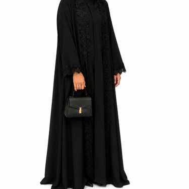 Black Satin Feel Lace Abaya with Inner Slip