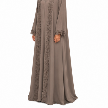 Mauve Satin Feel Lace Abaya with Inner Slip