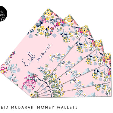 Multipack of 5 Pink Floral Eid Mubarak Money Wallets