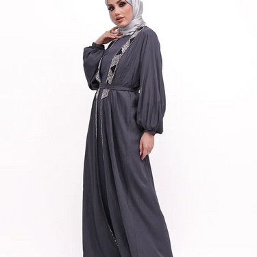 Grey Aztec Organza Embellished Abaya Set