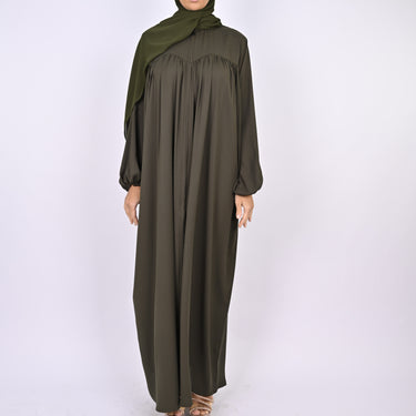 Turkish Style Abaya With Pleats & Pockets - Green