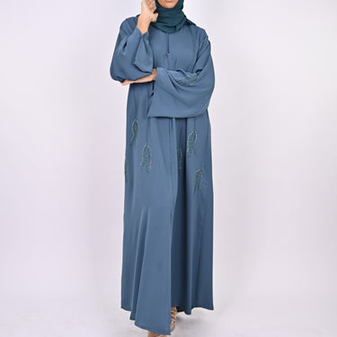 Indigo Blue Pintucks & Floral Hand Embellished Abaya