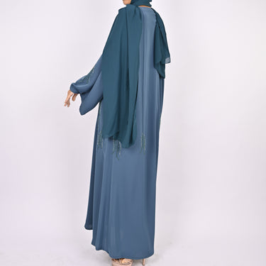 Indigo Blue Pintucks & Floral Hand Embellished Abaya