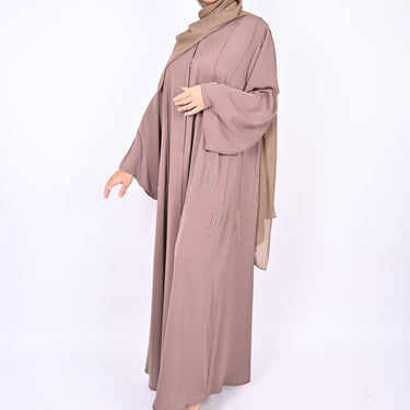 Nude Pink Pintucks & Floral Hand Embellished Abaya