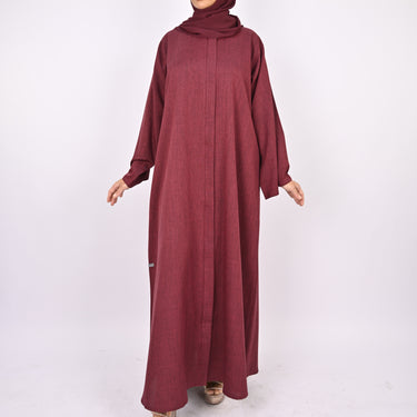 Linen Blend Front Zip Abaya -Maroon