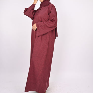 Linen Blend Front Zip Abaya -Maroon