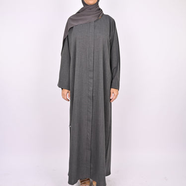 Linen Blend Front Zip Abaya - Charcoal Grey