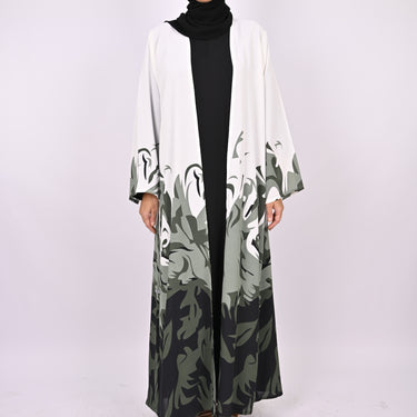 Printed Floral Kimono Abaya Set - Green/White