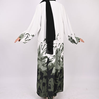 Printed Floral Kimono Abaya Set - Green/White