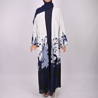 Printed Floral Kimono Abaya Set - Blue/White