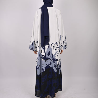 Printed Floral Kimono Abaya Set - Blue/White